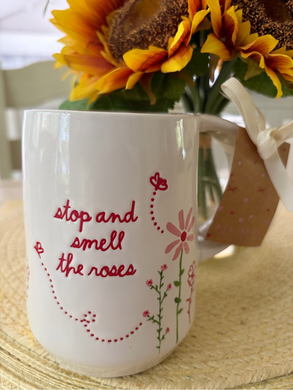 RAE DUNN Artisan Collection White Floral "Stop and Smell the Roses" Ceramic Mug
